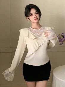 DAZY 女士蕾丝拼布荷叶边下摆长袖休闲衬衫，秋季女装 - 杏色 - 查看 9