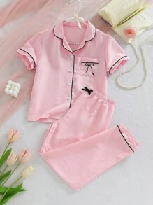 2pcs/Set Tween Girls Cute Bow Design Top And Soft Comfortable Pants Pajama Set - Pink - View 3