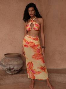 Swim Oasis Conjunto de 3 piezas de traje de baño para mujeres: Top de cuello halter cruzado con estampado, Bottom de natación de cintura alta, vestido largo de playa con estampado floral