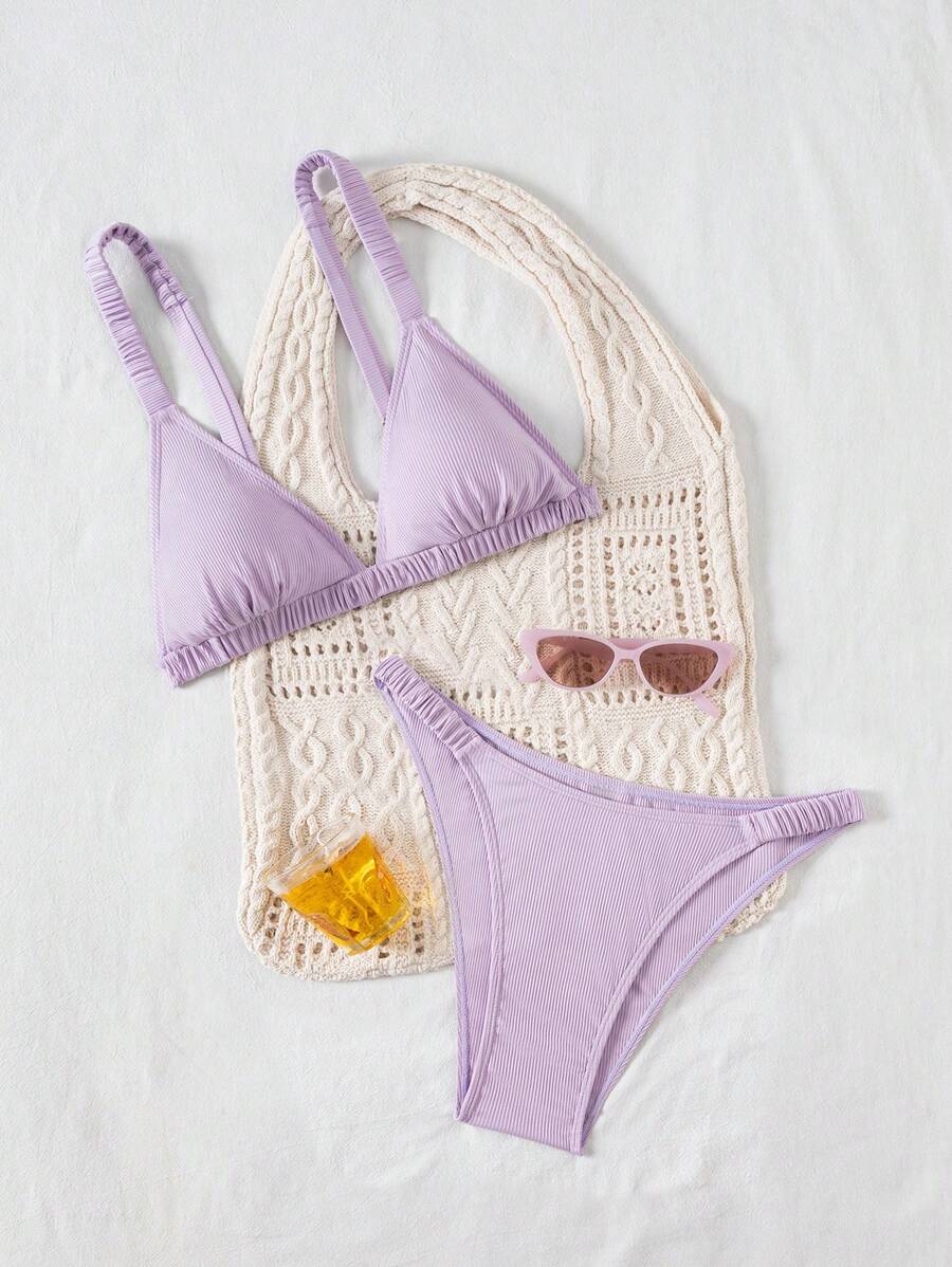Swim Mod Women's Romantic Summer Beach Vacation Cute Ruffled Light Purple Ribbed Fabric Bikini Set - Mauve Purple - View 1