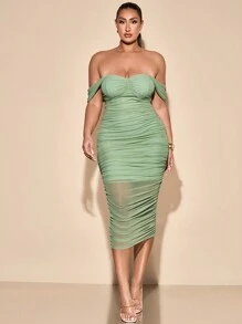 SHEIN BAE Plus Size Women Off Shoulder Green Mid-Length Dress, Suitable For Casual, Outing, Date, Afternoon Tea, Vacation, Spring/Summer, Spring Outfits For Women, Summer/Summer Outfits For Women, Festival/Concert Outfit Women/Rave Outfits Festival/ Rave Outfits/, Spring Break Outfits, Graduation Dress, Graduation Dress, Mesh Dress - Green - View 6