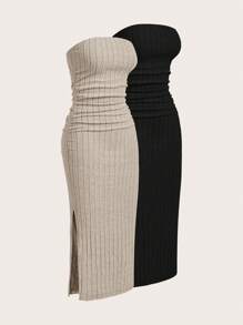 SHEIN EZwear 2pcs/Set Ribbed Bandeau Dress Dresses For Women Summer - Apricot - View 5