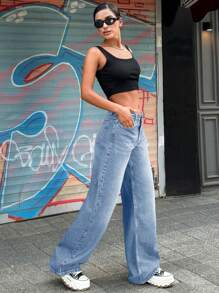 RueChic 100% 纯棉复古低腰皮革贴片阔腿牛仔裤