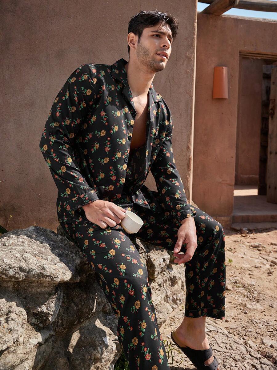 Manfinity ChillVibe Men's Full Print Front Button Long Sleeve Simple Pullover Top And Pants Pajama Set - Black - View 1