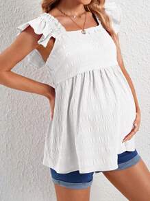 SHEIN Young Casual Ruffle Square Neck Loose Long Maternity Top - White - View 3