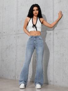 SHEIN Frenchy 女式口袋喇叭休闲百搭牛仔裤 - 中等水洗藍 - 查看 6