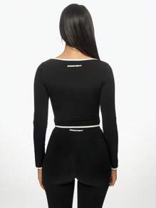 MISSGUIDED Contrast Piping Long Sleeve Crop Top Workout Training Athletic Yoga Dance Studio Performance Fitness Activewear Slim Fit Stretchy Fall Winter Spring - Black and White - View 2