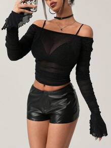 SHEIN ICON PU 面料紧身超低腰蝴蝶装饰超迷你短裤 - 黑色 - 查看 5