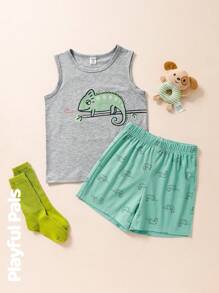 SHEIN 男童简约时尚休闲日常两件套，上衣和短裤 - 彩色 - 查看 3