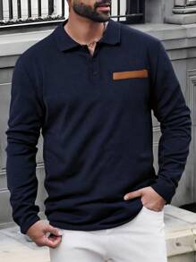 Manfinity Homme Plus Size Men Contrast Color Long Sleeve Casual Polo Shirt, Suitable For Commuting - Navy Blue - View 1