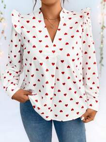 SHEIN LUNE Women's V-Neck Ruffled Loose Casual Heart Textured Blouse, Valentine's Day