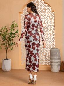 Modelyn Floral Print Round Neck Bodycon Long Sleeve Dress Maxi Women Outfit Fall Cloth For Women - Apricot - View 2