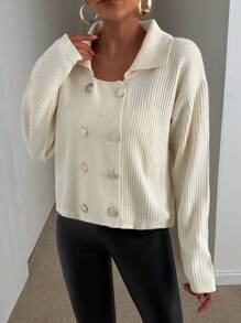EURMUSE 休闲纯色双排扣翻领针织开衫