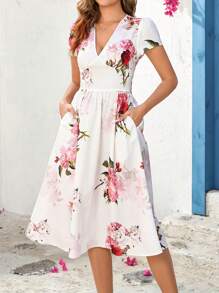Ellevyn Robe midi évasée à imprimé floral avec col en V élégant pour femmes, avec ceinture, convient pour les vacances de printemps/été