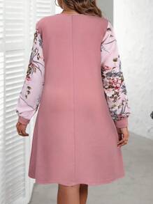 EMERY ROSE Plus Size Women's Solid Color Patchwork Crew Neck Long Sleeve Mini Casual Dress,Fall Clothes