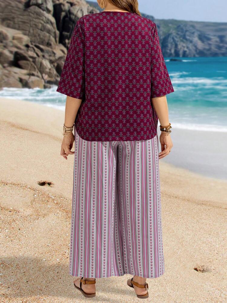 2 pièces/Set Femmes grande taille Chemise à imprimé floral et pantalon large à jambes évasées Tenues de printemps pour femmes Vacances Campagne