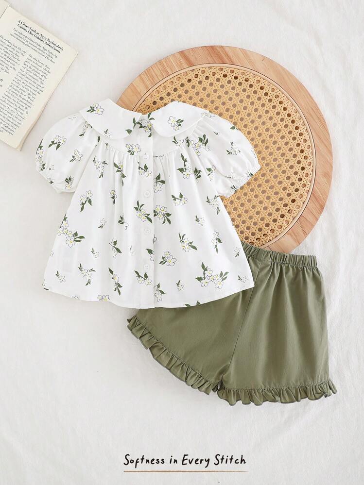 Cozy Pixies 2 件女婴花卉图案彼得潘领泡泡袖上衣和纯色松紧腰短裤套装 - 綠色 - 查看 2