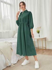 Mulvari Women's Plain Color Splicing Long Sleeve Casual Long Dress