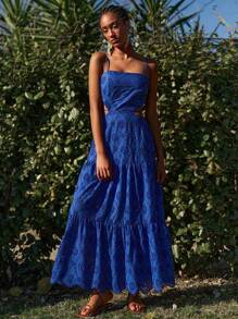 Travachic 女士度假扎染刺绣镂空腰吊带连衣裙 - 藍色 - 查看 3