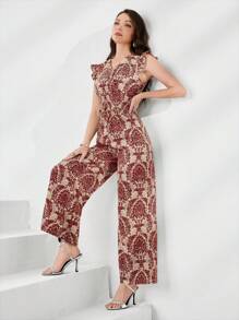 Mulvari 2 件套女士全身印花宽松上衣和长裤 - 紅色 - 查看 3