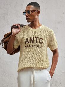 AKNOTIC Party Herren Strickpullover mit Buchstabenprint und Perforation, figurbetont, Rundhalsausschnitt, Kurzarm, geeignet für den täglichen Gebrauch und den Urlaub, Frühling/Sommer - Khaki - Übersicht 3