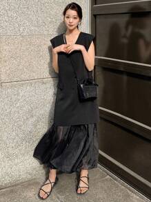 FRIFUL Women's Sleeveless Mesh Patchwork Dress, Minimalist Fashion Leisure Casual Everyday Wear,Ruffle - Black - View 6