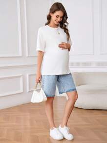 SHEIN Maternity Front Button Pocket Simple Denim Shorts, Casual Everyday Wear Women Autumn Outfits