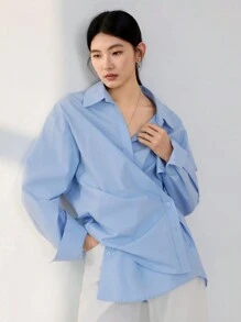 Dazy-Less Minimalist Asymmetric Button Design Solid Color Casual Long Sleeve Women Shirt,Fall Women Clothes Business Casual Woman Work Clothes - Blue - View 8