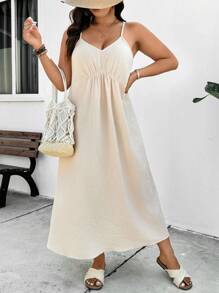 SHEIN Frenchy Plus Size Women's Solid Color Back Knot Strap Casual Dress - Apricot - View 4