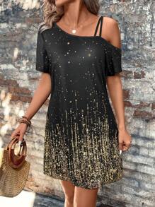 SHEIN LUNE Western Gold Glitter Print Open Shoulder Bodycon Mini Dress For Women - Black and Gold - View 4