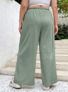 SHEIN Essnce Plus Size Women's Spring And Summer Fashion Casual Loose Comfortable Daily Linen Green Elastic Waist Wide Leg Pants, Holiday Wear,Summer Outfits,Women Bottom,Beach Outfits For Woman,Linen Pants Women