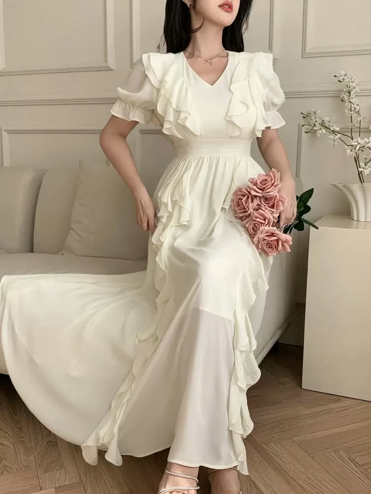 Solid Color V-Neck Ruffle Hem Mid-Length Dress For Women Sundress Maxi Dress