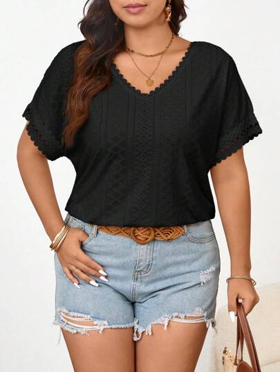 SHEIN Frenchy Plus Size Women Textured V-Neck Lace Trim Casual T-Shirt, Spring/Summer