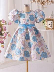SHEIN Glamorique Kids Tween Girls' Elegant Jacquard Puff Sleeve Summer Party Easter Dress, Suitable For Daily Wear, Parties And Gatherings, Displaying A Noble And Glamorous Quality - Baby Blue - View 1