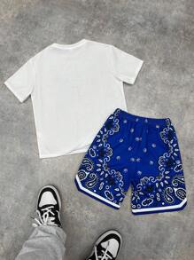 SHEIN Leap Crew 2 peças crianças pré-adolescentes menino casual esportes versátil carta impressão gráfico gola redonda solto ajuste manga curta camiseta e shorts estampados malha conjunto de roupa - Multicolorido - Ver 3