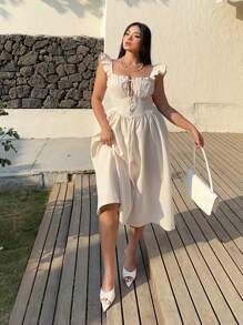 Sunnyshic Plus Size Women Elegant Cream Woven Bodycon Camisole Dress With Short Cap Sleeves, Tie Neck, Midi Length - Apricot - View 3