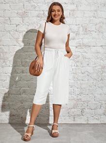 EMERY ROSE 加大码纯色松紧腰口袋简约七分裤，休闲日常穿着乡村春季女装夏季女装波西米亚风女装 - 白色 - 查看 5