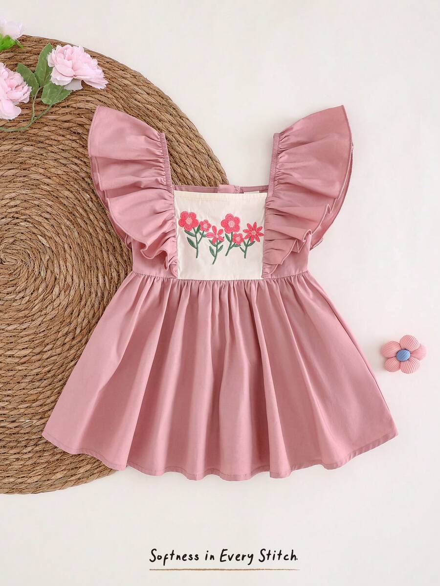 Cozy Pixies Baby Girl Ruffle Hem Waisted Casual Versatile Round Neck Dress - Multicolor - View 1