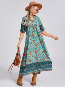 SHEIN LUNE 立领 V 领灯笼袖褶饰高低下摆度假优雅女士长裙带印花