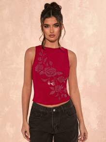 SHEIN BAE Women Summer: Studded Floral Graphic Racerback Tank Top / Graphic Tee / Rave Festival / Streetwear / Beach Wear - Burgundy - View 6