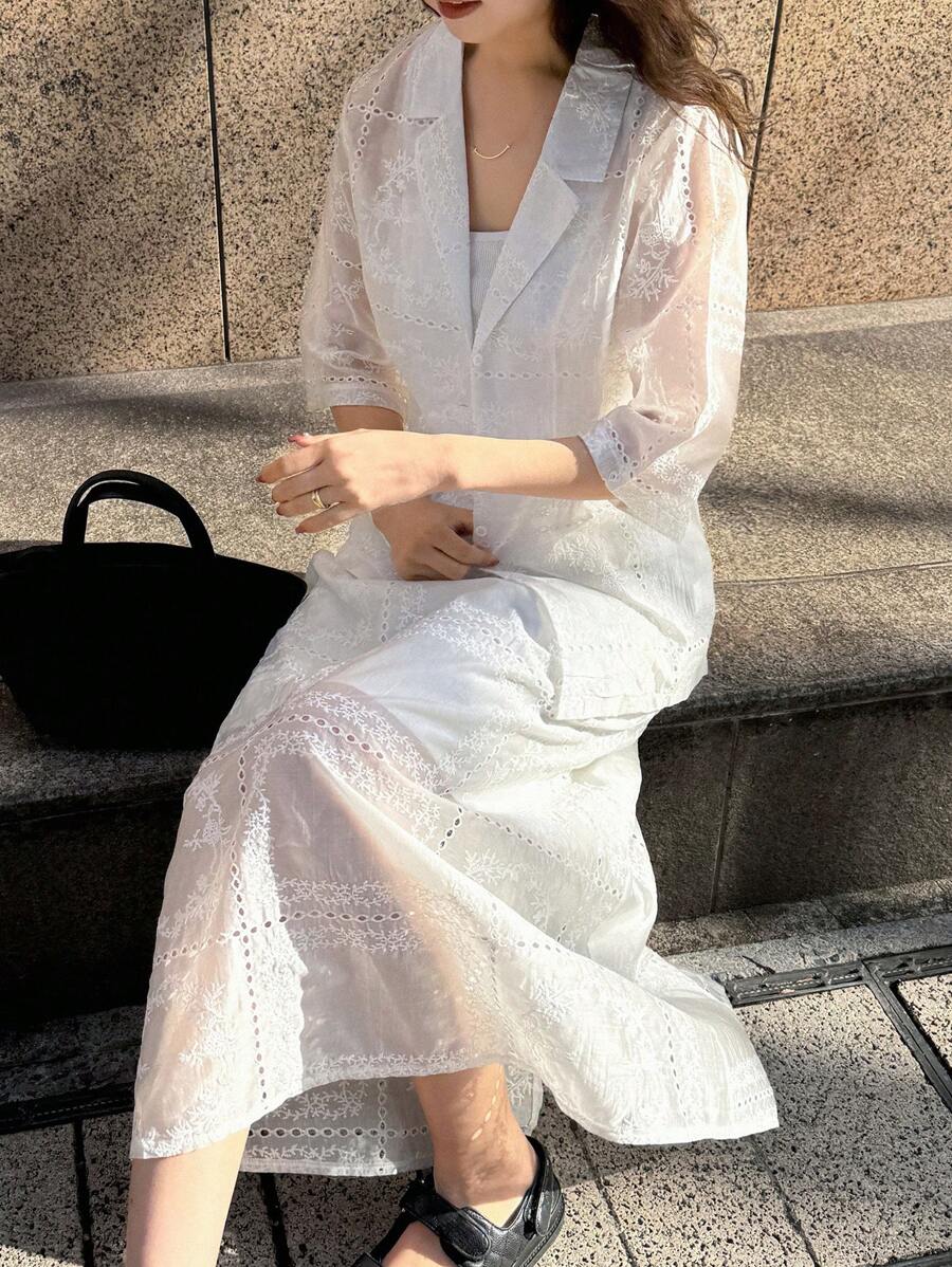 FRIFUL Set de 2 piezas con chaqueta y falda para mujer con bordado y calado - Blanco - Ver 1