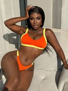Swim SPRTY Women's Neon Orange Contrast Color Activewear Bikini Set, For Summer Beach Vacation - Multicolor - View 6