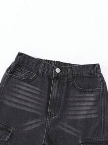 SHEIN Tween Girls' Y2K Streetwear Style Multi-Pocket Drawstring Waist Faded Light Blue Cargo Denim Jeans - Black - View 3