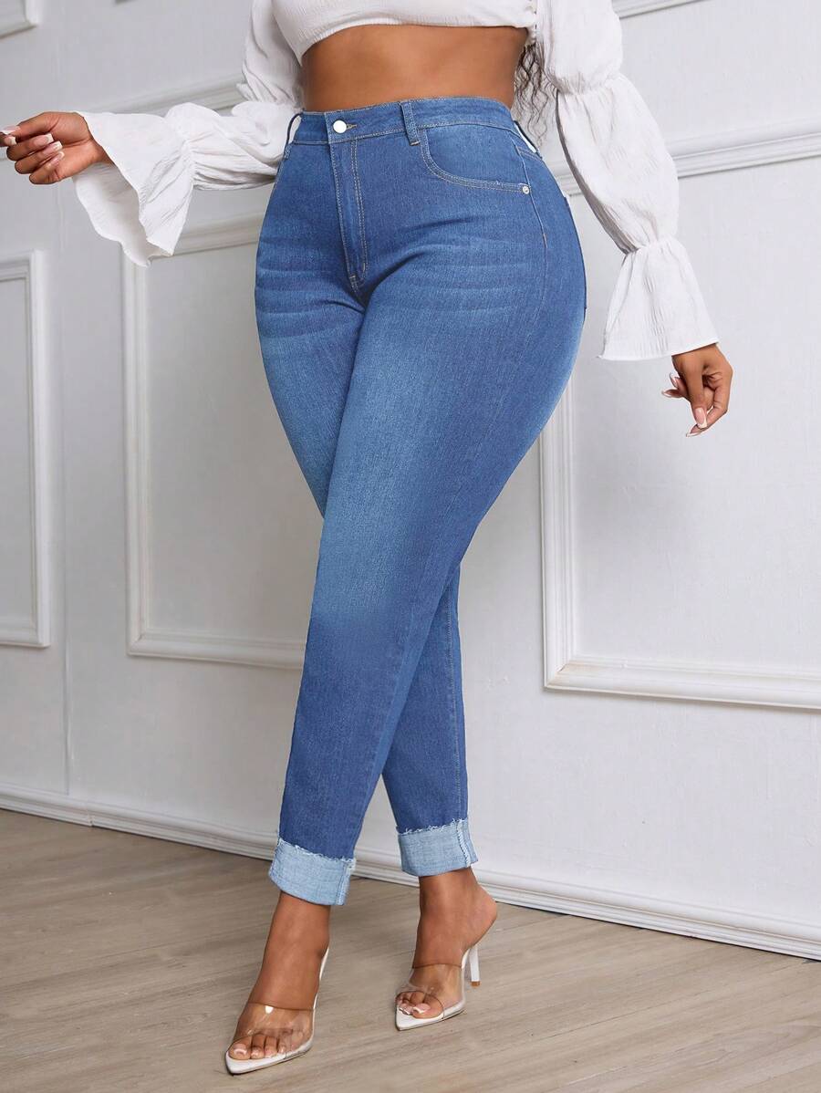 SHEIN CURVE+ Plus Size Women Stretchy Denim Skinny Jeans With Fold Hem - Medium Wash - View 1