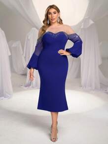 SHEIN Belle Plus Size Elegant Navy Blue Sheer Round Neck Lantern Sleeve Long Sleeve Fringe Decor Bodycon Fishtail Midi Dress Wedding Guest Dress, For Party - Blue - View 7