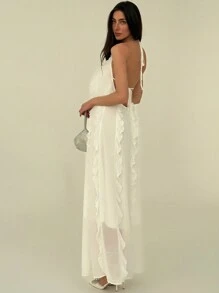 Aloruh New Elegant White Dress With Multiple Ruffled Edges, Sexy Backless Bowknot Design - White - View 2