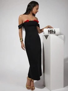 COSMINA Vestido largo elegante de mujer con decoración floral y hombros descubiertos