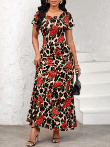 SHEIN Lady Women's Leopard Floral Print Round Neck Short Sleeve Dress, Elegant - Multicolor - View 5