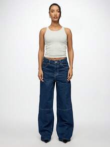 SUMWON WOMEN Designer wijde spijkerbroek met hoge taille Y2K Fashion Statement stiksel geborduurd achterzakdetail casual streetwear jaren 90 vintage stijl