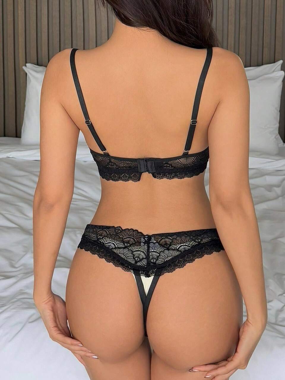 Lace Adjustable Demi-Cup Sexy Lingerie Set For Women, Solid Color